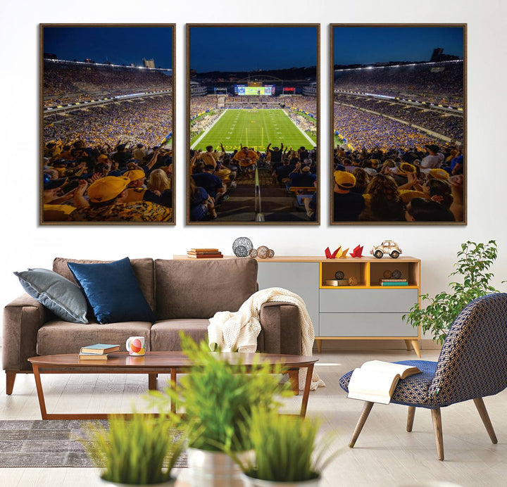 A Pittsburgh Panthers Acrisure Stadium canvas print captures the thrill of a packed stadium under lights and fans cheering.