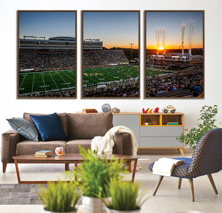 Canvas wall art print depicting the Demon Deacons football stadium at sunset with fireworks.