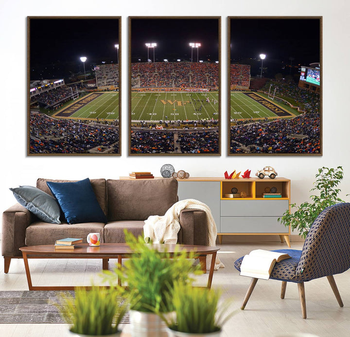 The Demon Deacons stadium print captures a brightly lit, bustling scene on museum-quality canvas.