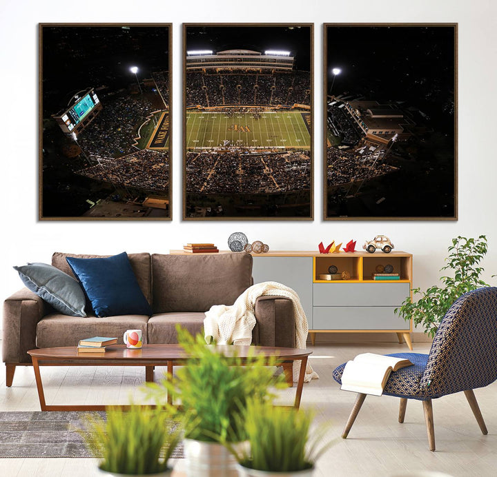 Canvas wall art displays an aerial view of Wake Forest Demon Deacons stadium at night.