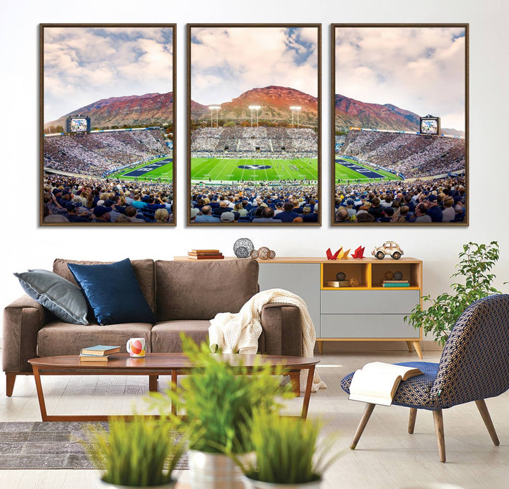 A museum-quality canvas featuring BYU Cougars Football at LaVell Edwards Stadium with a stunning mountain view.