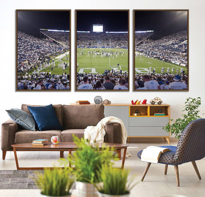 The wall art is a premium canvas of LaVell Edwards Stadium, offering a gallery-quality finish that showcases BYU Cougars pride.