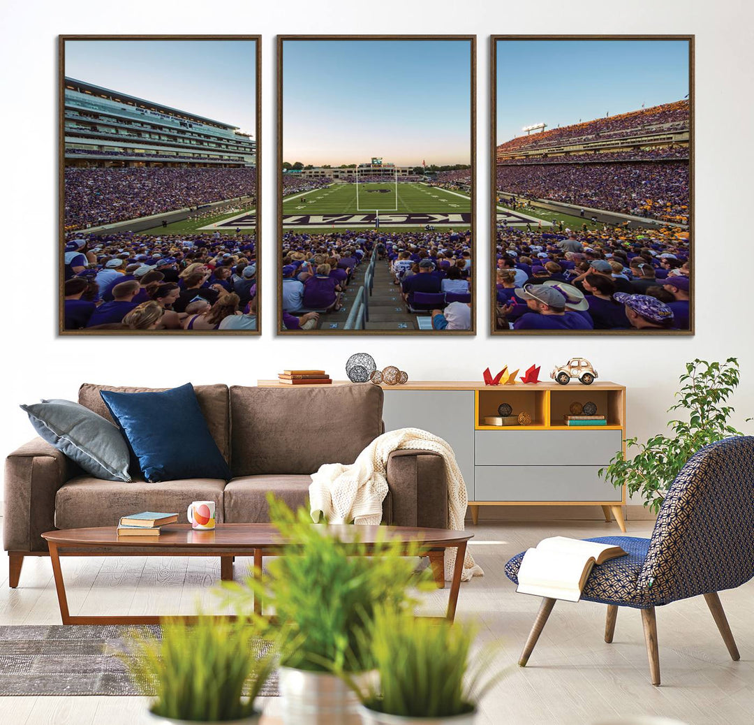 Sunset view of fans in purple at Bill Snyder Family Stadium, captured in a stunning gallery wall art canvas, perfect for a modern living room or office.