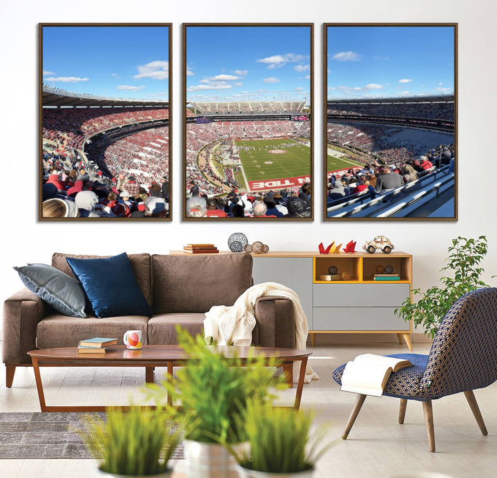 Canvas print of Alabama Crimson Tides Bryant-Denny Stadium, showcasing a sunlit field under a blue sky.