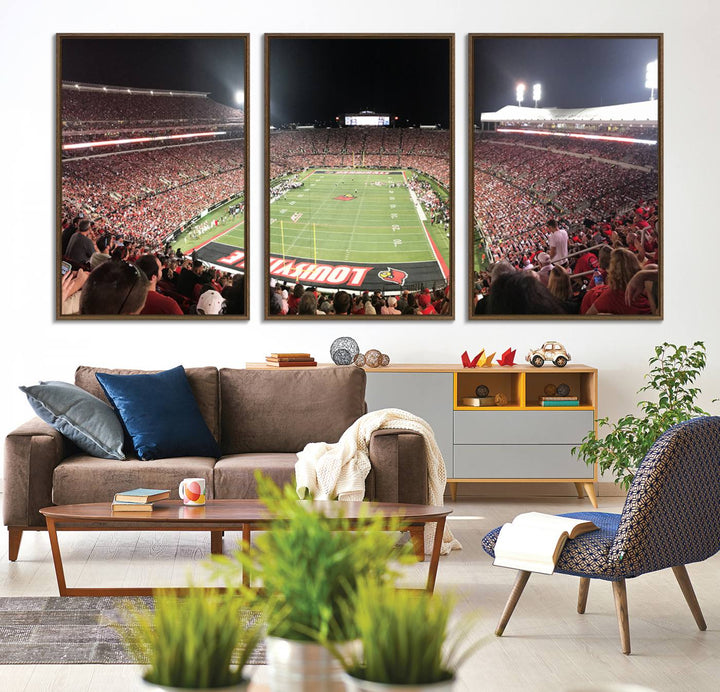 Panoramic view of a crowded football stadium with Louisville in the end zone, crafted as University of Louisville wall art.