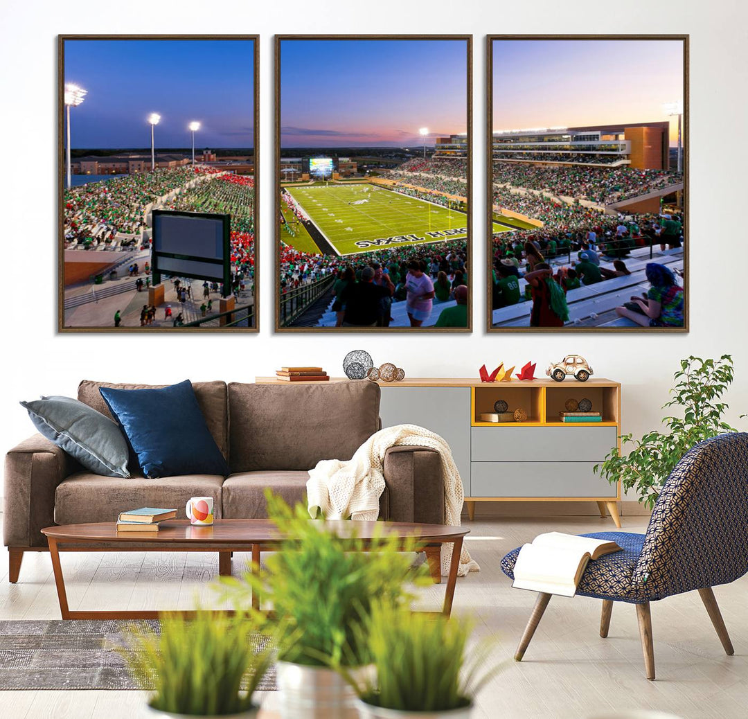 Aerial view of University of North Texas DATCU Stadium at sunset on canvas, showcasing a colorful sky.