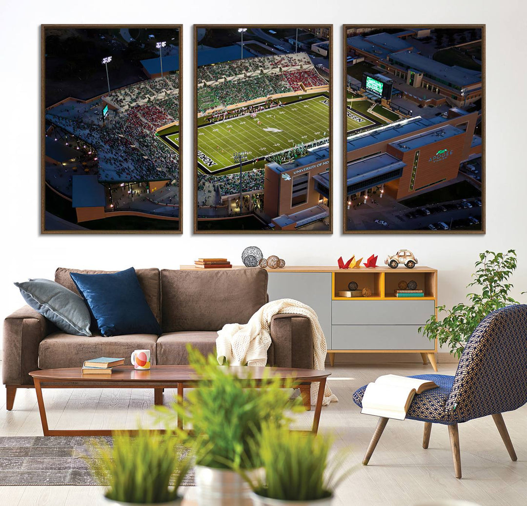 Night aerial view of fans at UNT Mean Green game captured on premium DATCU Stadium canvas wall art print.