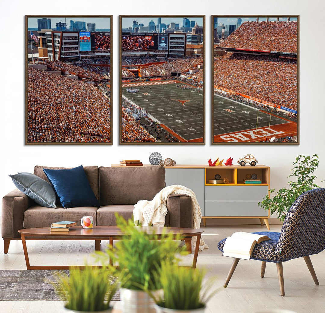 A premium canvas wall art featuring the University of Texas Longhorns stadium, showcasing a vibrant sea of orange.