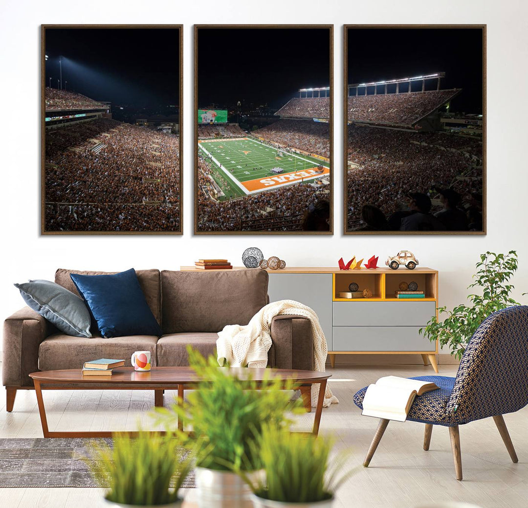 A football game at a packed stadium is captured on the University of Texas Longhorns Stadium Canvas Print.