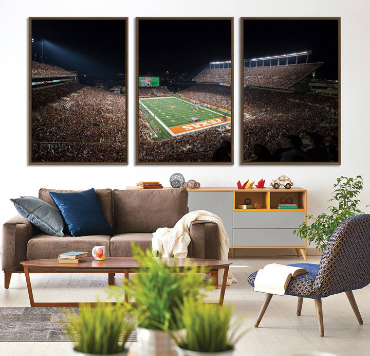 A football game at a packed stadium is captured on the University of Texas Longhorns Stadium Canvas Print.