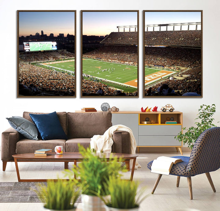 The Evening Game canvas art captures a glowing sunset and skyline at Texas Longhorns Darrell K Royal Stadium.