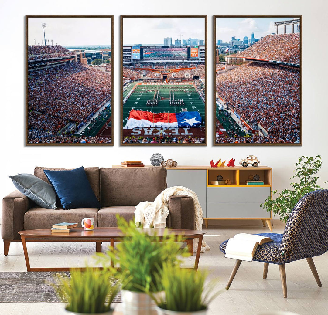University of Texas Longhorns canvas: A premium print depicting Darrell K Royal-Texas Memorial Stadium with the city skyline and Texas flag.