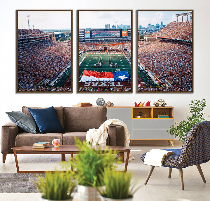 University of Texas Longhorns canvas: A premium print depicting Darrell K Royal-Texas Memorial Stadium with the city skyline and Texas flag.