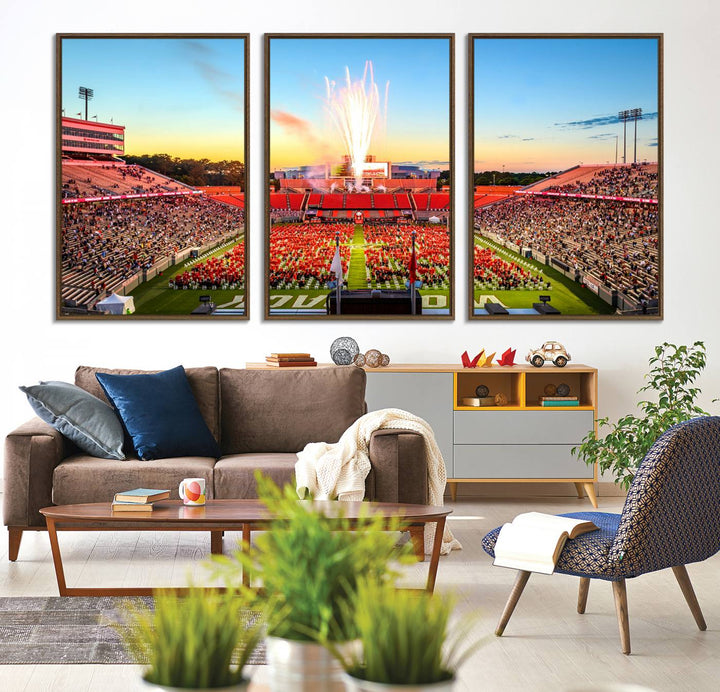 A vibrant North Carolina State University Wolfpack print, capturing a people-filled stadium, fireworks, and a sunset—perfect for your living room wall.