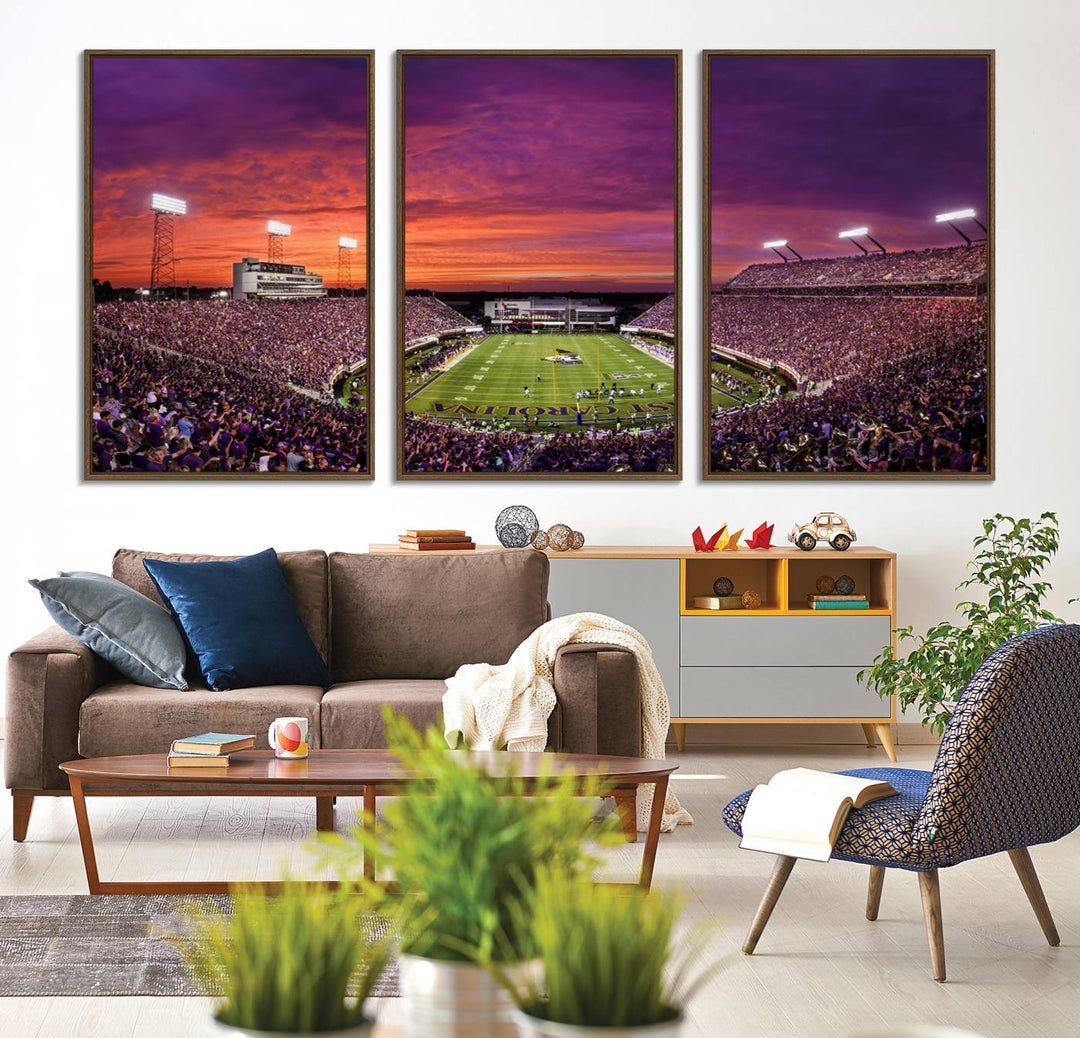 A sunset over Dowdy-Ficklen Stadium, Greenville, captured on museum quality canvas with vibrant purple and orange skies.