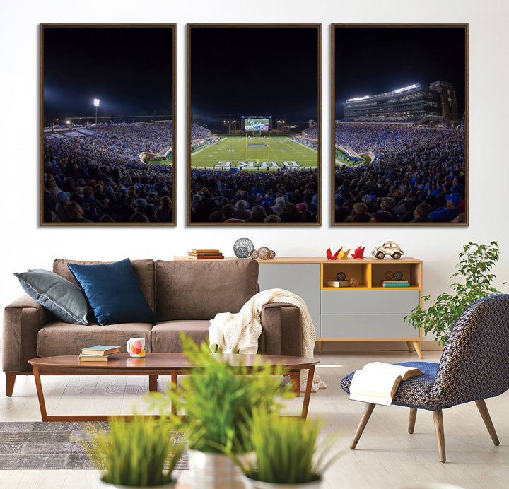 Under bright lights at night, the Duke Blue Devils Football Team Durham canvas wall art print is prominently displayed.