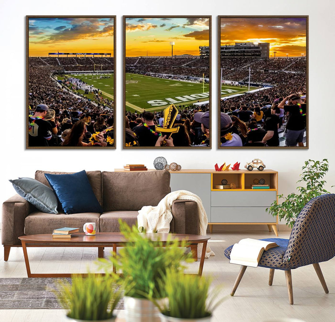 A sunset football game at UCFs Stadium—ideal as a premium wall art canvas print for your home.