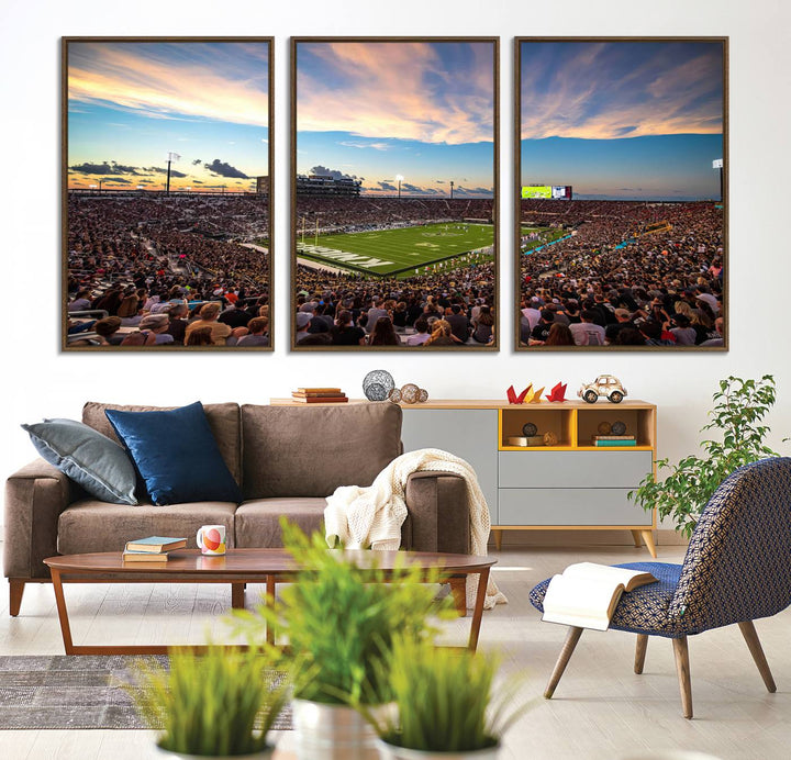 A vibrant wall art canvas captures a sunset scene at Orlandos FBC Mortgage Stadium, featuring the UCF Knights.