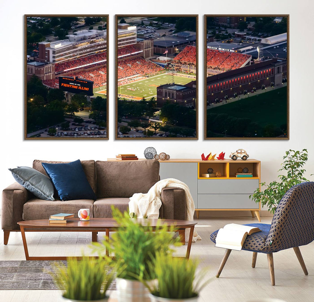 Aerial view of the University of Illinois Memorial Stadium on premium canvas, capturing buildings and greenery at dusk.