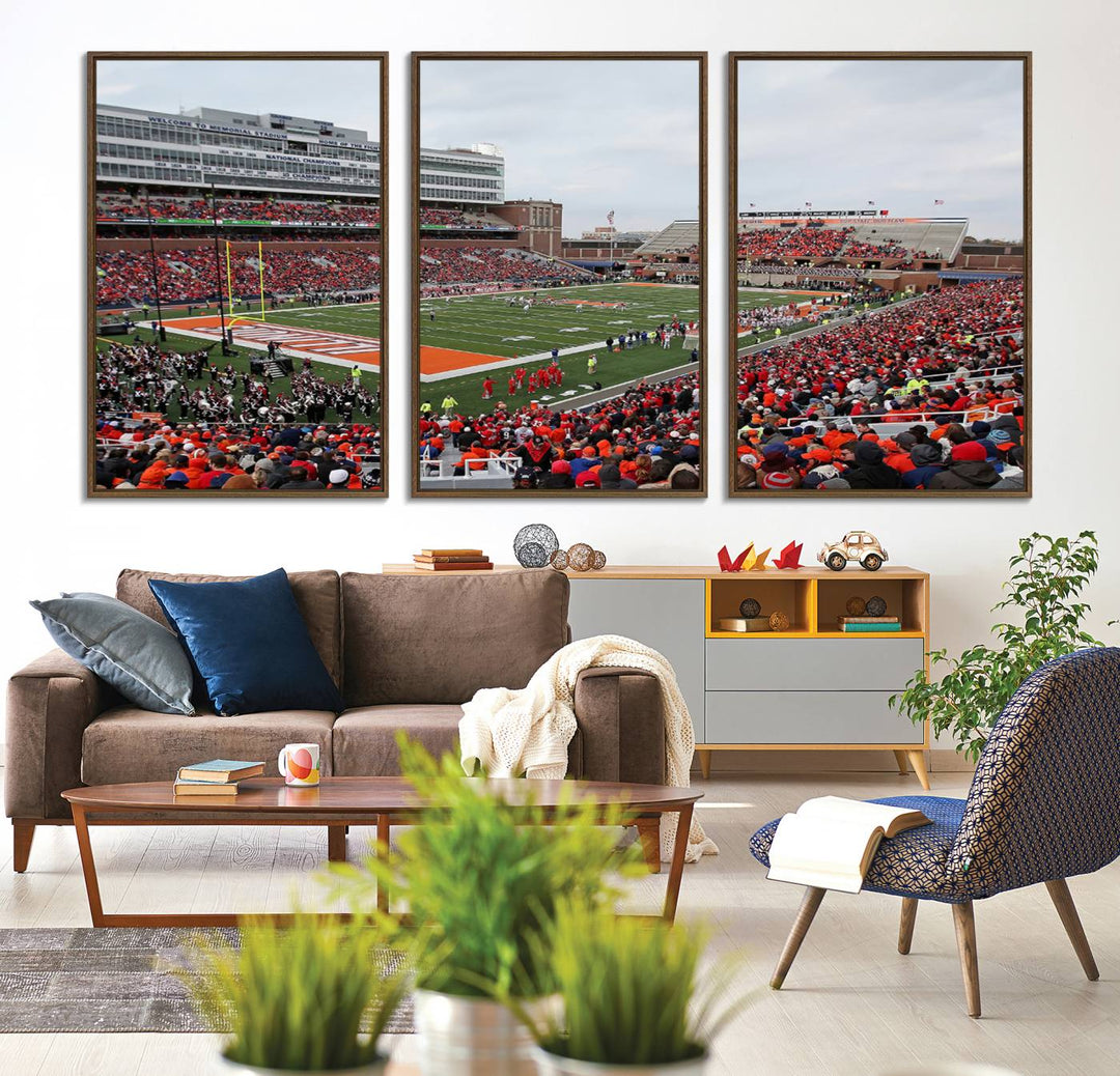 A University of Illinois Fighting Illini wall art canvas hangs on the wall, depicting a packed stadium.