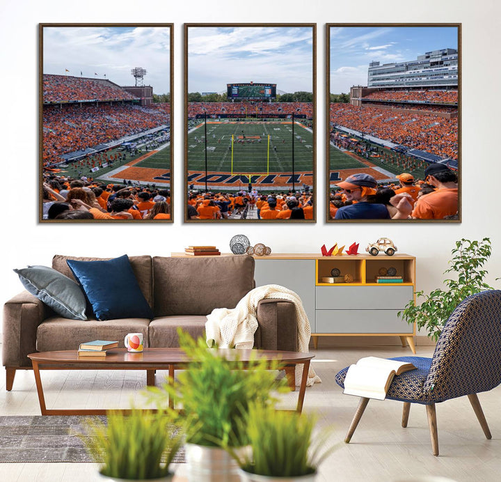 The Illinois stadium packed with orange-clad fans makes for a premium University of Illinois canvas wall art.