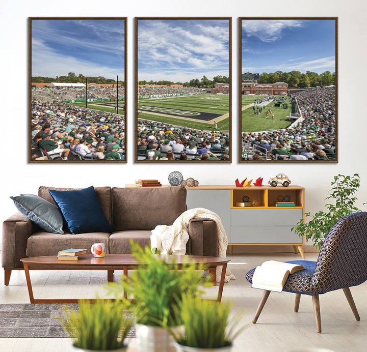 The University of Charlotte 49ers stadium print adds flair to a modern living room wall with its vibrant scene and clear sky.