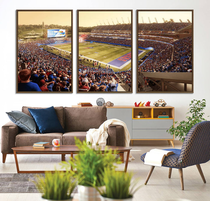 A premium University of Kansas Jayhawks Football Team canvas print captures the essence of a sunset football game, filling the stadium with vibrant energy.