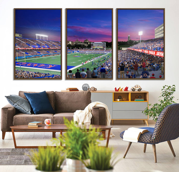 A canvas art piece depicting the Kansas Jayhawks stadium at twilight, vibrant in a modern setting.