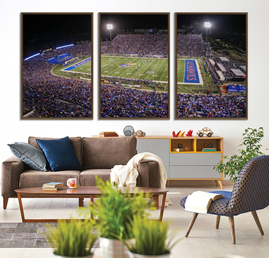 A canvas depicting an aerial view of the University of Kansas Memorial Stadium, showcasing bright lights and a lush green field at night.