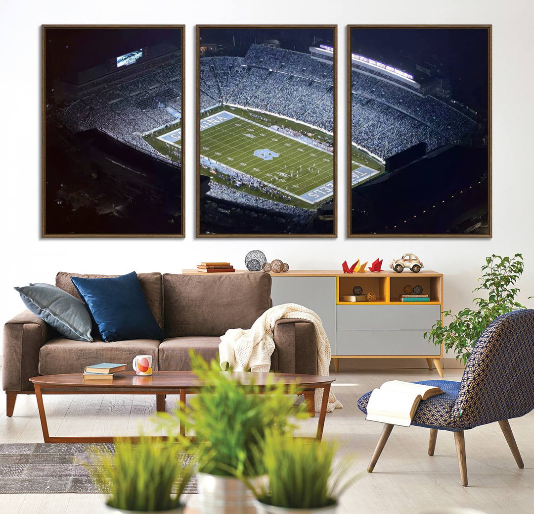 Aerial view of UNC Tar Heels night game at Kenan Memorial Stadium, perfect wall art canvas for fans.