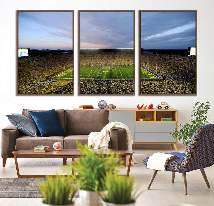 Gallery-quality canvas print of Michigan Stadium at sunset.