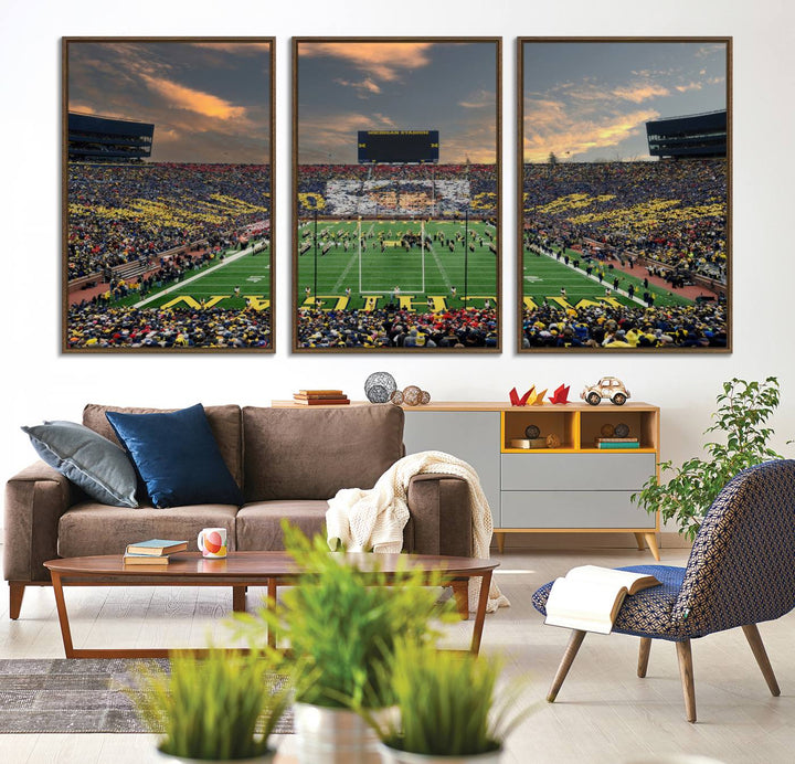 A giant image resembling Michigan Wolverines Wall Art depicts a football field beneath a dramatic sky.