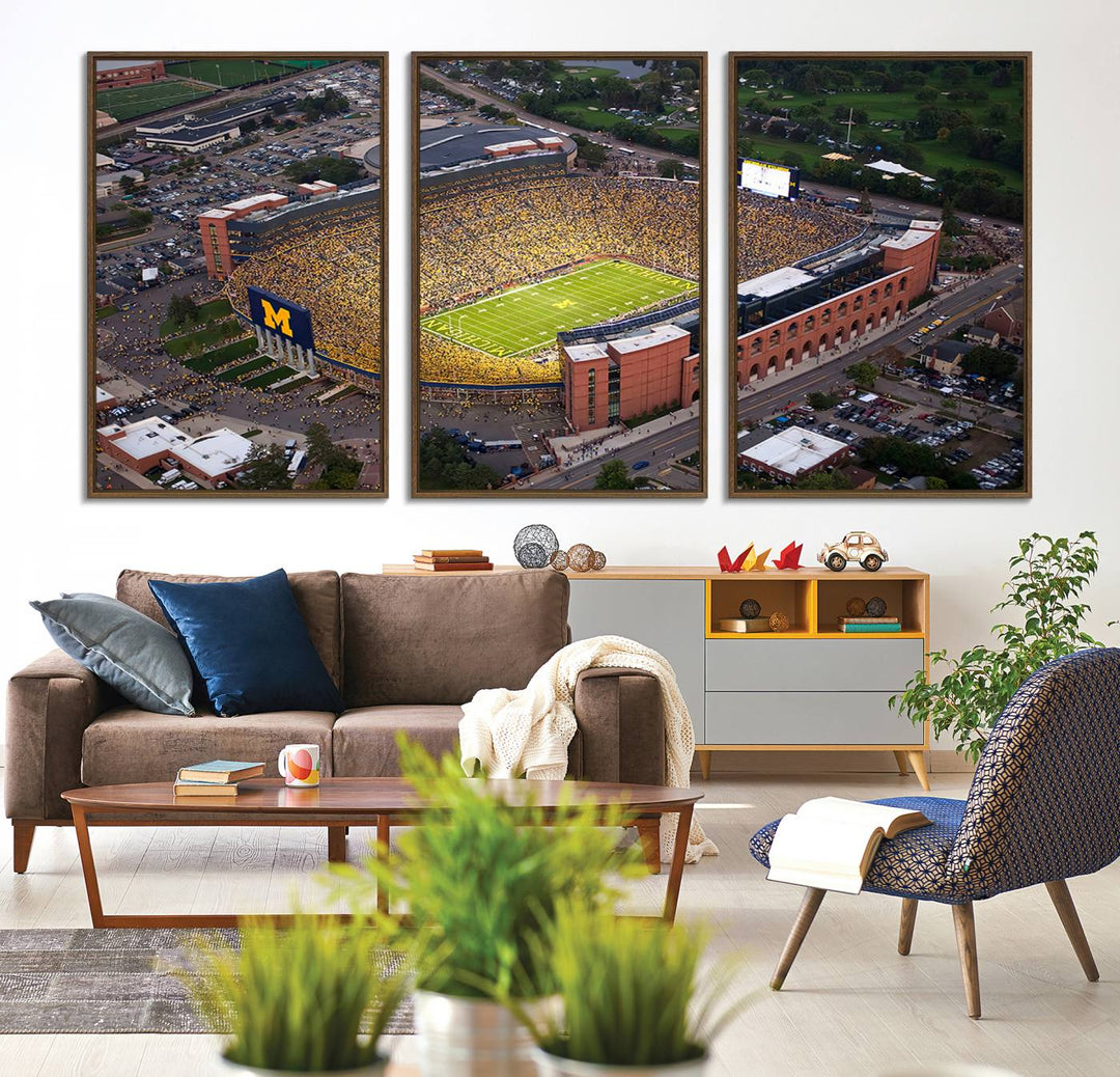 Canvas print featuring an aerial view of Ann Arbor Michigan Stadium filled with Wolverines fans.