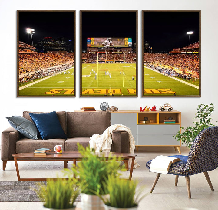 ASU Sun Devils Football Team Print - Wall Art Canvas featuring the Sun Devils end zone at Phoenix Mountain America Stadium.