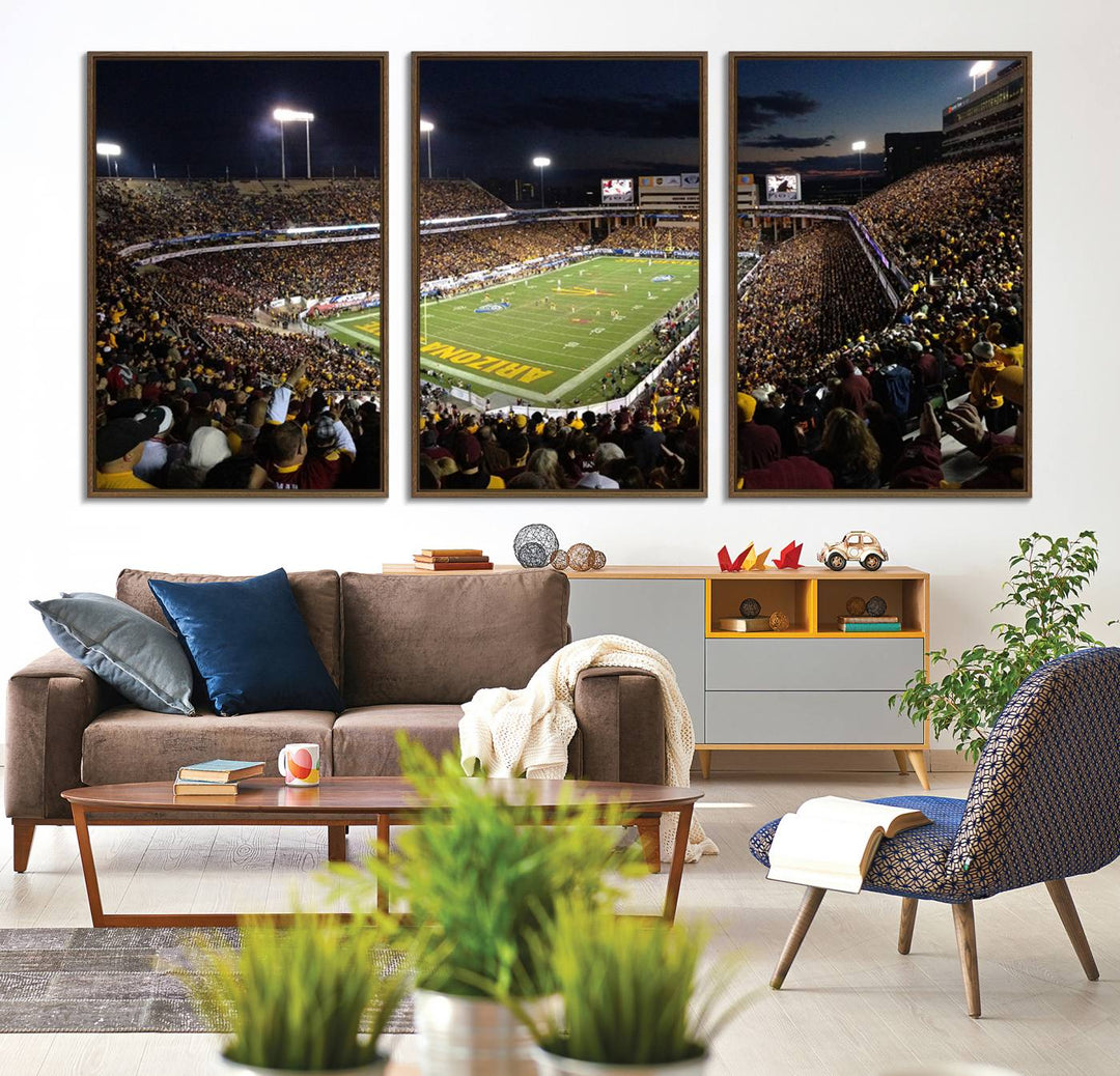 A room featuring an ASU Sun Devils Football Team Print, capturing fans at Phoenix Mountain America Stadium at dusk.