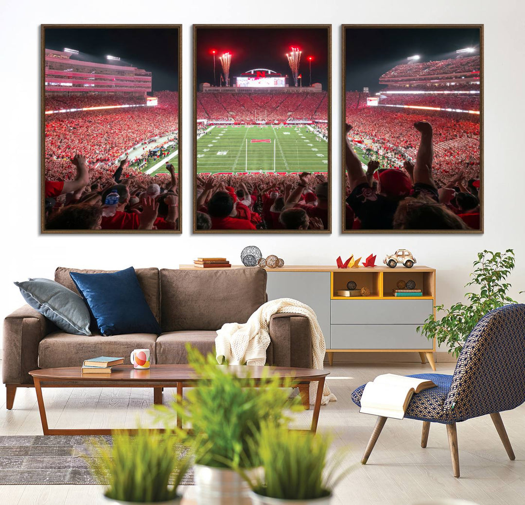 A vibrant canvas print of the Lincoln Memorial Stadium at night with fireworks, featuring the University of Nebraska Cornhuskers Football.