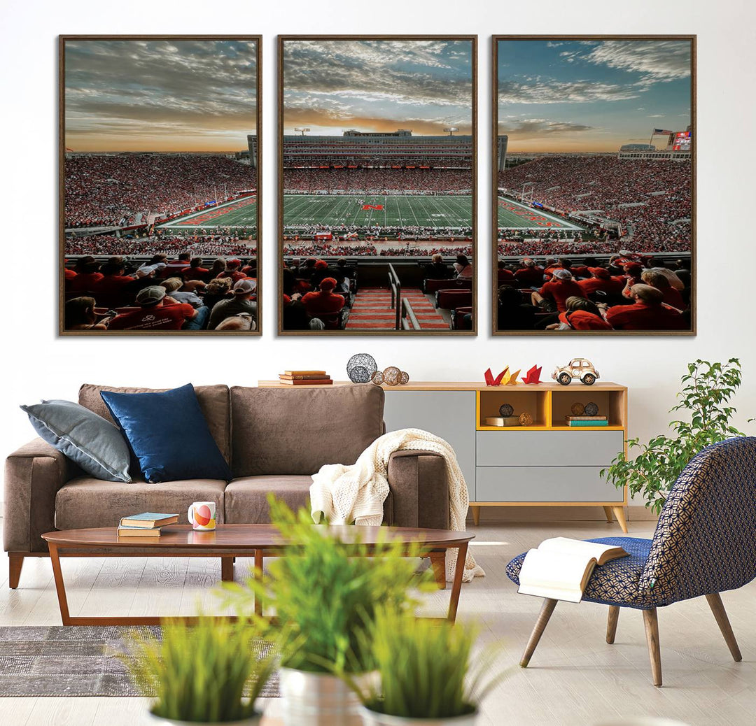 This stunning canvas wall art print features a packed Lincoln Memorial Stadium with the University of Nebraska Cornhuskers at sunset.