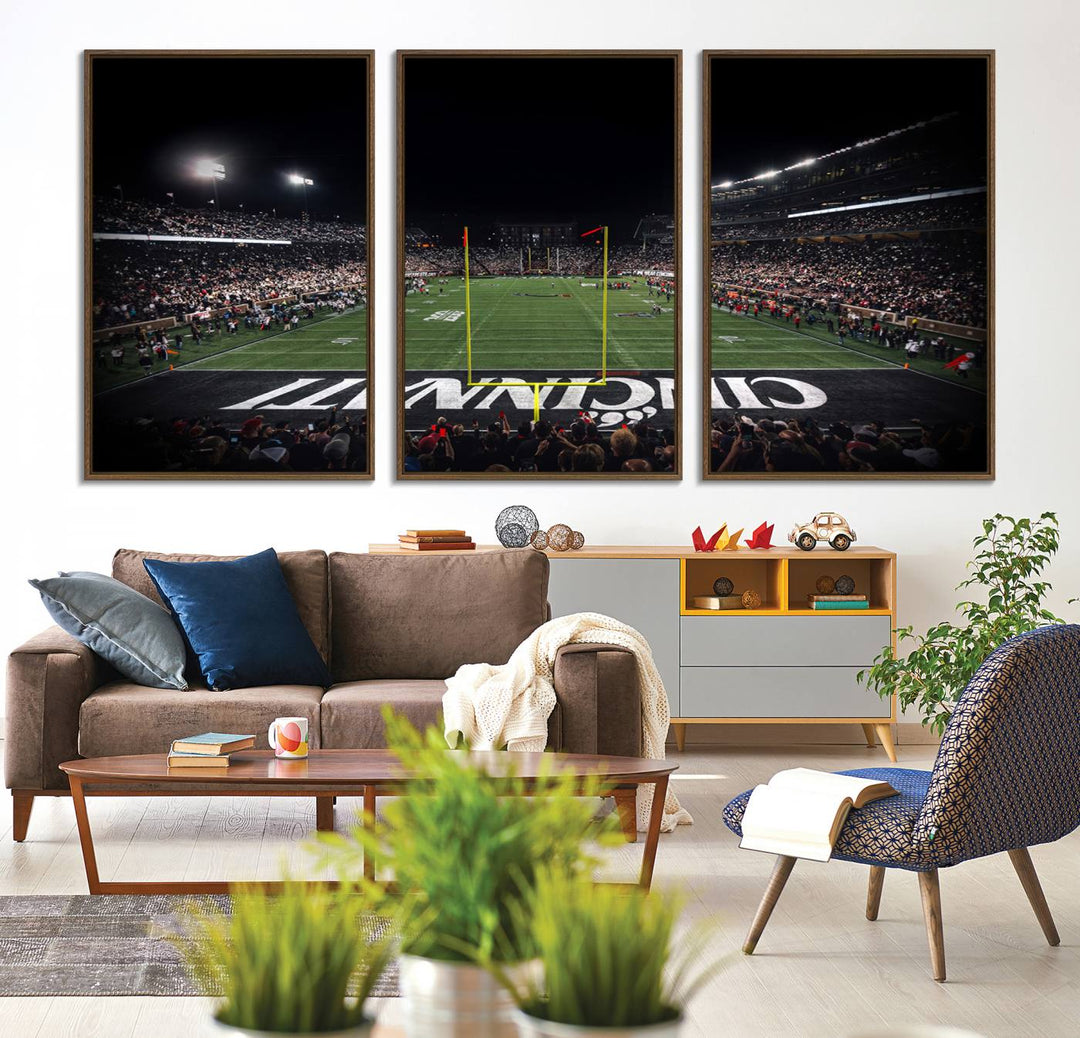 Interior view featuring a Cincinnati Bearcats football canvas of Nippert Stadium.