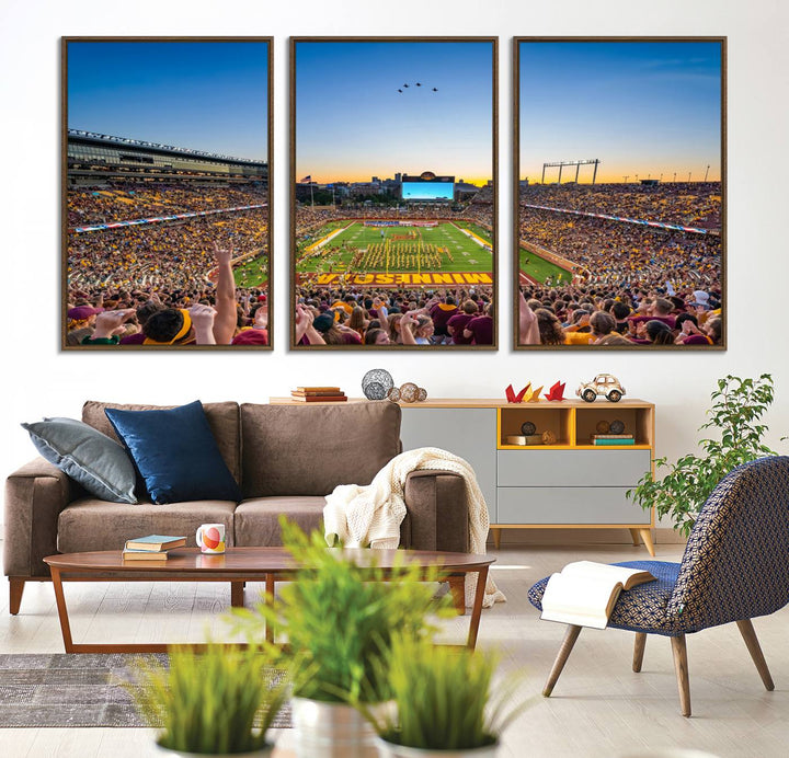 Canvas wall art featuring the University of Minnesota Football Team print, showcasing Huntington Bank Stadium at sunset with jets overhead.