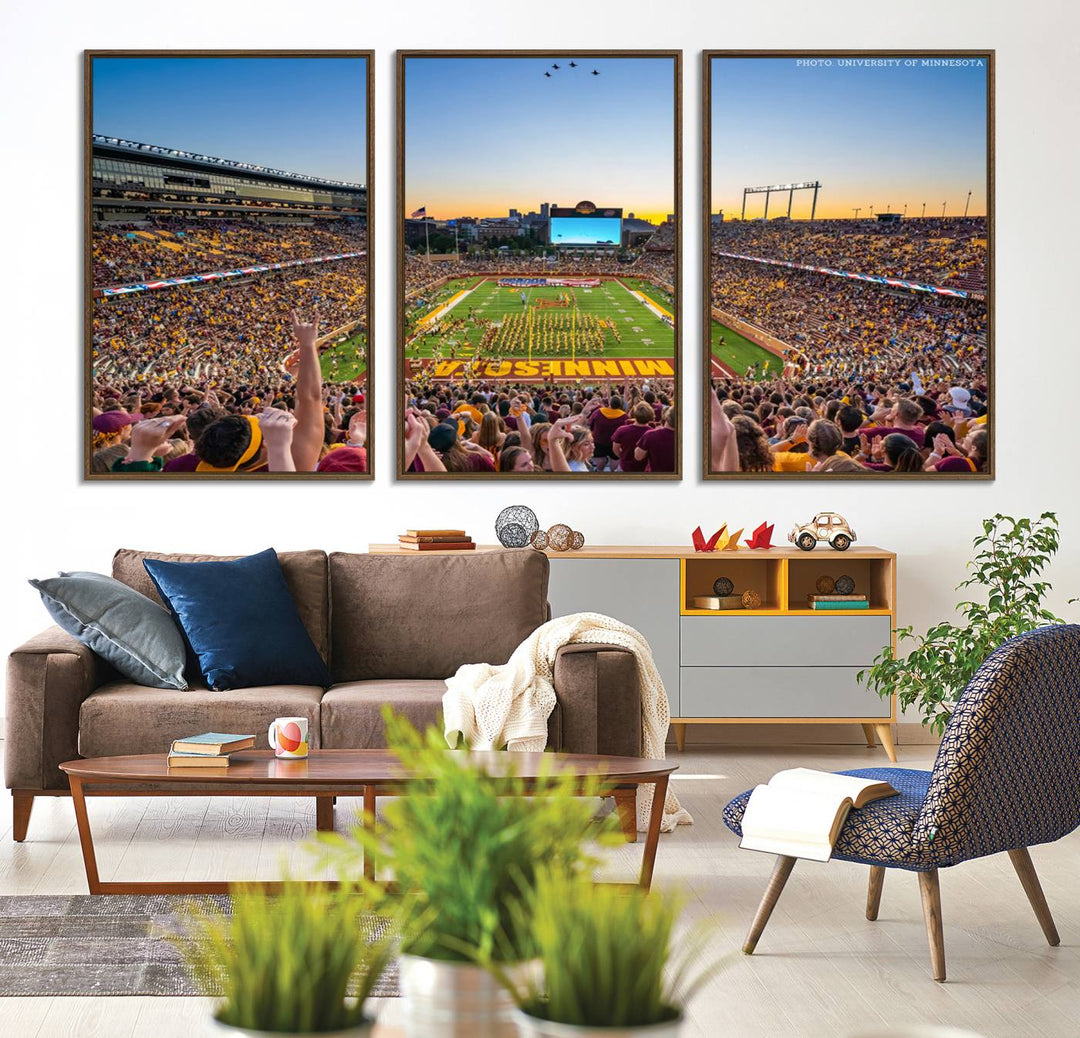 The University of Minnesota Golden Gophers Football Team Print, capturing a sunset scene, is ideal for gallery-quality wall art.