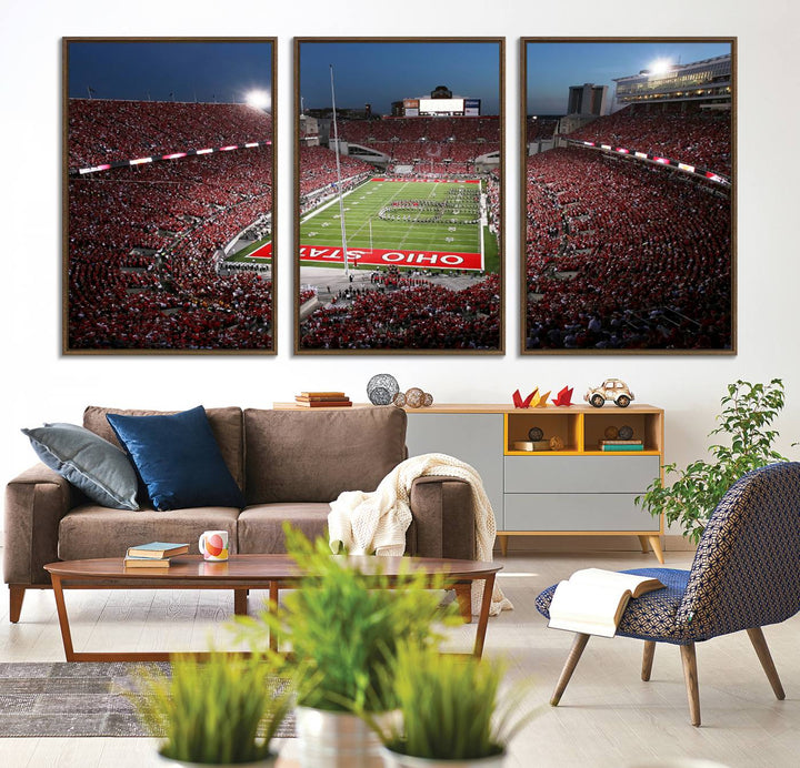 Premium gallery-quality canvas wall art featuring an aerial view of a packed Ohio State stadium at dusk, highlighting the Buckeyes.