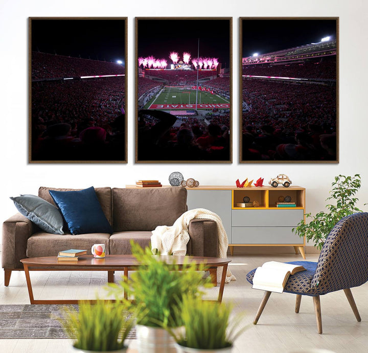 Premium canvas wall art featuring Ohio State University Buckeyes football stadium and fireworks.