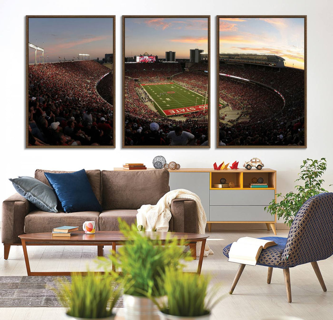 The canvas wall art captures a stunning stadium view of a sunset over Ohio State University Buckeyes football fans.