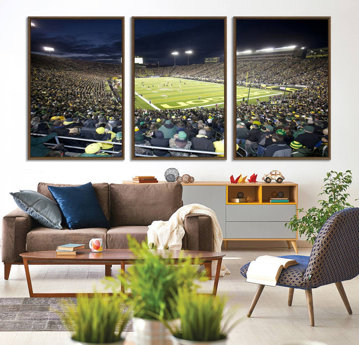 Under bright lights, a University of Oregon Ducks Canvas Print captures the excitement of fans packing Autzen Stadium for a night football game.