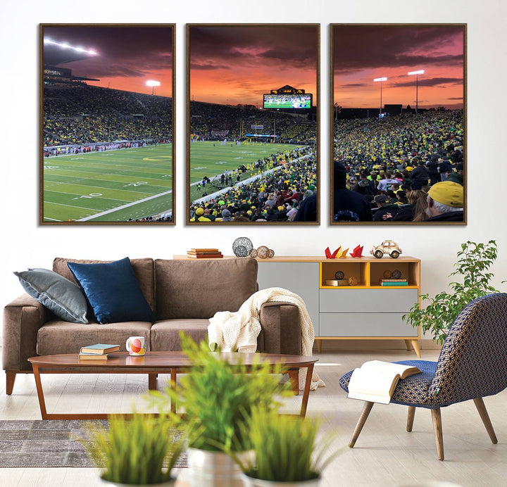 This stunning wall art print captures a vibrant sunset at Eugene Autzen Stadium.