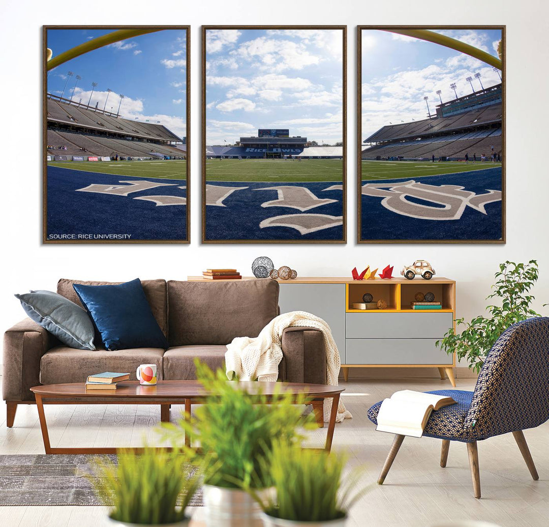 Fish-eye view of an empty stadium, ideal wall art on premium canvas: Rice University Owls Football Team Print.