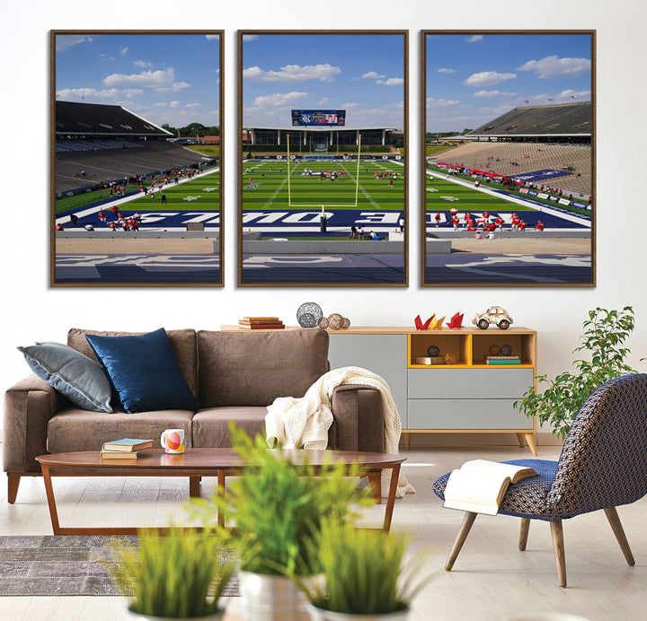 Rice Stadium print: This artwork features a football field with empty stands and a gallery-quality finish under a clear blue sky.