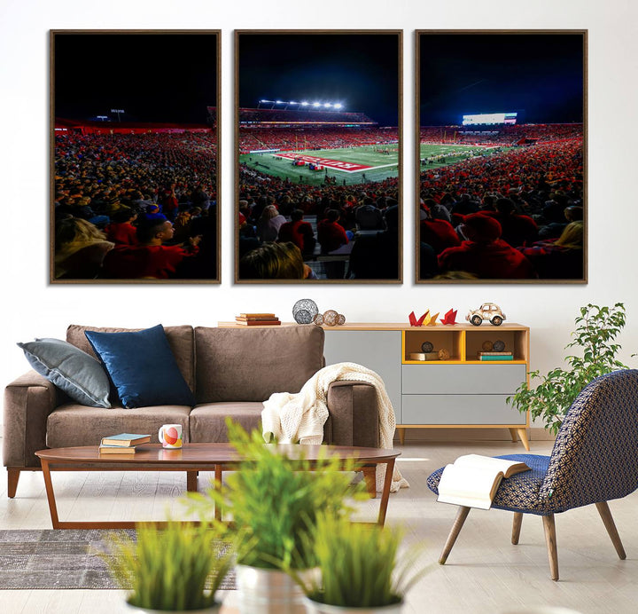 A premium canvas wall art print depicting Rutgers Scarlet Knights SHI Stadium filled with fans under vibrant lights.