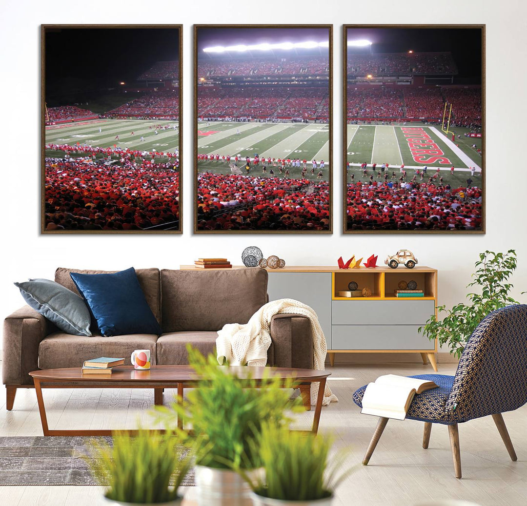 A bustling night game at SHI Stadium is captured as Rutgers Scarlet Knights wall art on a gallery-quality canvas print.