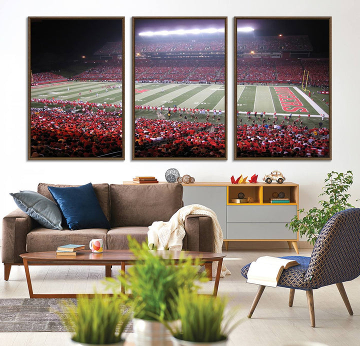 A bustling night game at SHI Stadium is captured as Rutgers Scarlet Knights wall art on a gallery-quality canvas print.